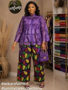 Purple Lace Top with Multicolor Ankara Wide-Leg Pants Set